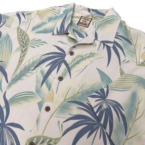 Tommy Bahama Silk Camp Shirt Mens Large Cream Blue Tropical Palm Leaf Button Up